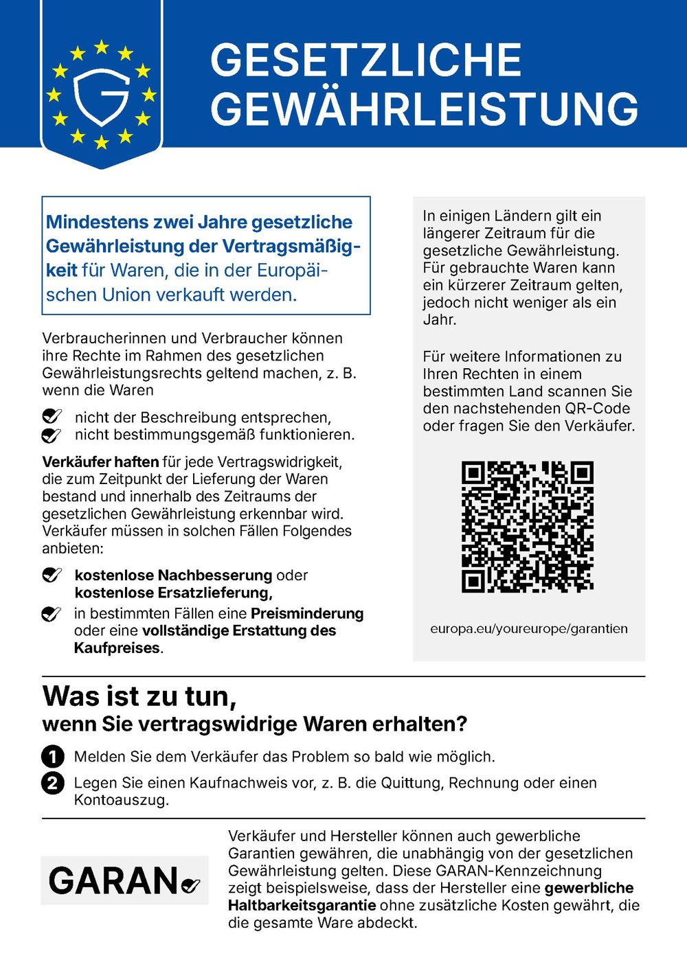 EU-harmonisierter Hinweis auf das gesetzliche Gewährleistungsrecht